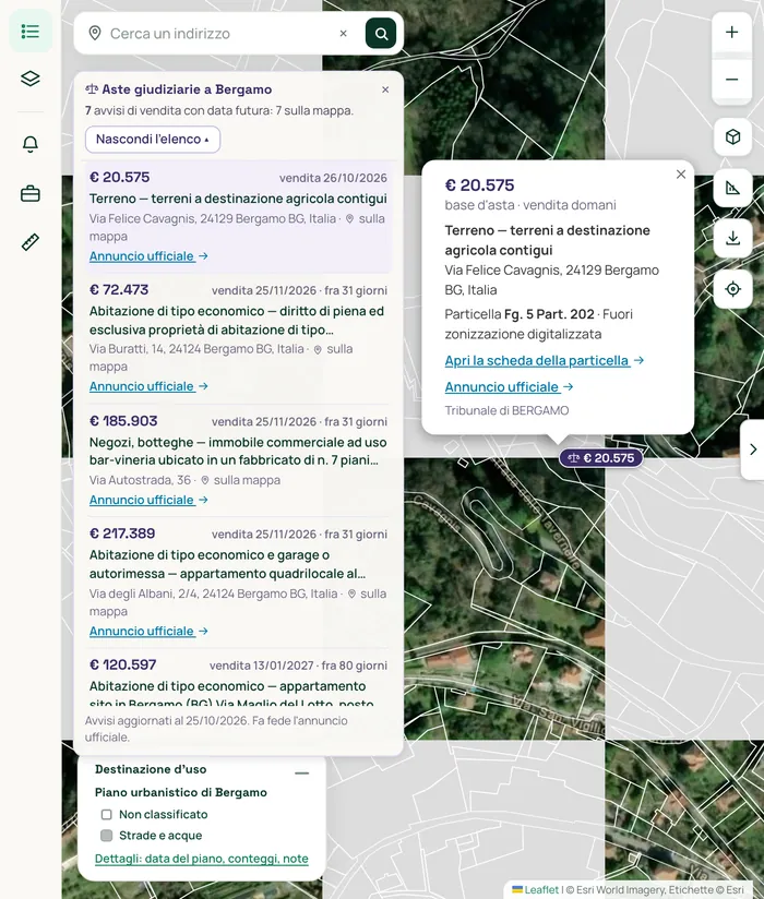 Le aste giudiziarie di Bergamo: l'elenco degli avvisi e, sulla mappa, la particella di un avviso con prezzo base, data e collegamento all'annuncio ufficiale