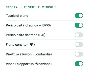 Il menu «Mostra» con gli strati di pericolosità idraulica e da frana