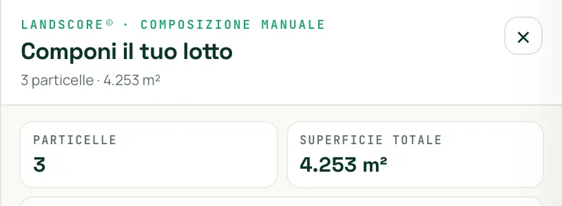 Il pannello «Componi il tuo lotto» con il numero di particelle e la superficie totale