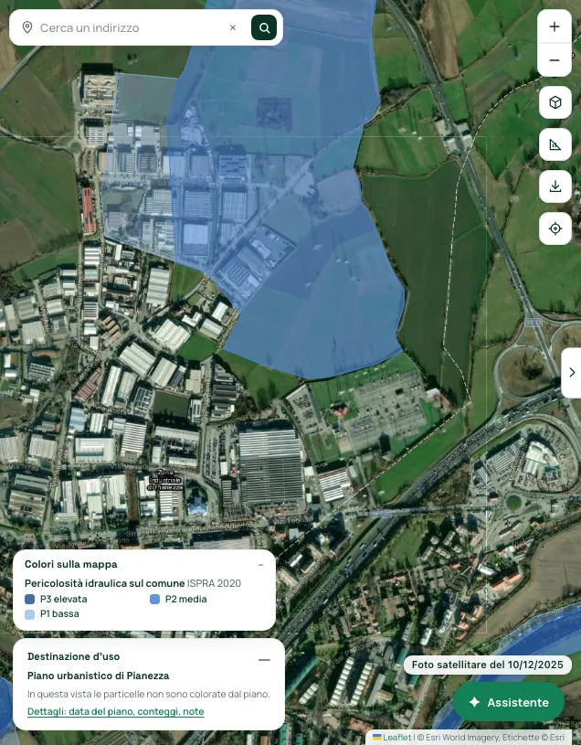 Le aree a pericolosità idraulica sulla foto satellitare di Pianezza, con la legenda delle tre classi