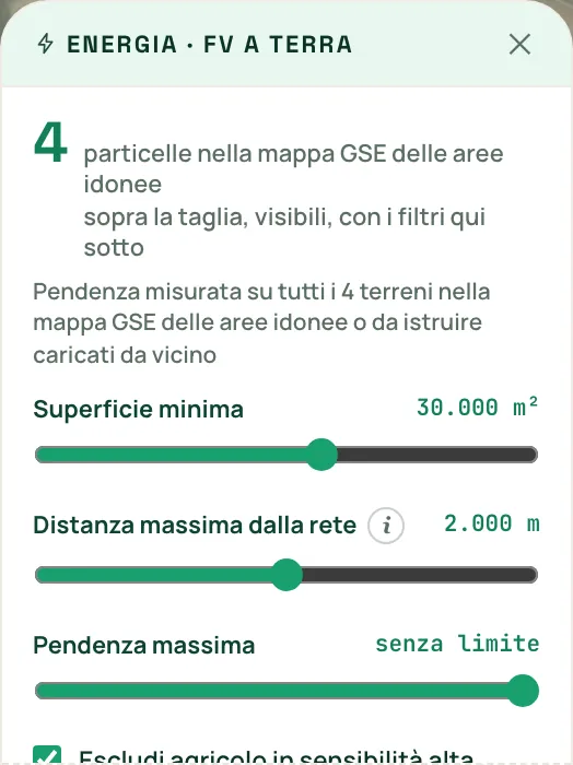 Il pannello dell'energia a Caltagirone con superficie minima, distanza dalla rete e pendenza massima, e il conteggio delle particelle