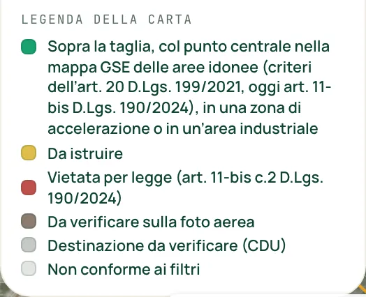 La legenda della carta dell'energia con le voci della mappa GSE delle aree idonee