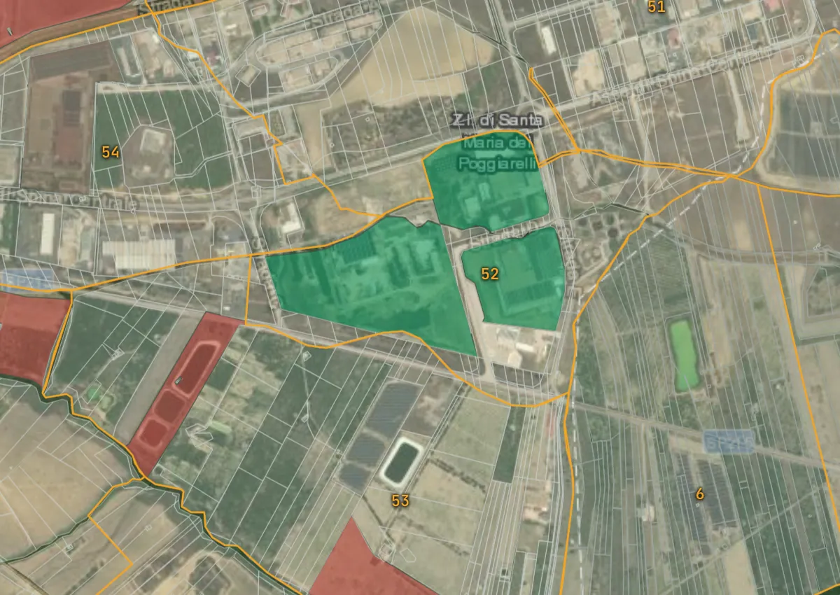 Particelle di Caltagirone colorate sulla foto satellitare secondo la mappa GSE delle aree idonee