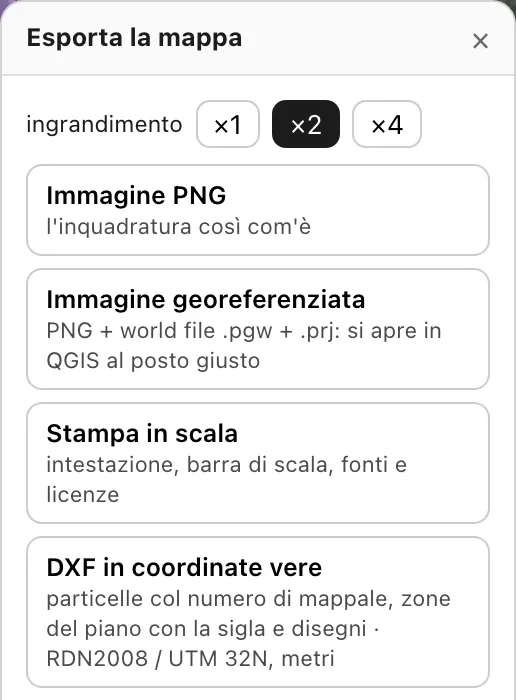 Il pannello «Esporta la mappa»: immagine, immagine georeferenziata, stampa in scala e DXF in coordinate vere