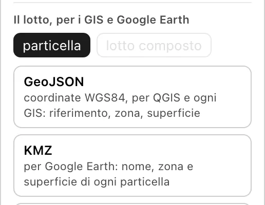 Le uscite per la particella: GeoJSON e KMZ per Google Earth