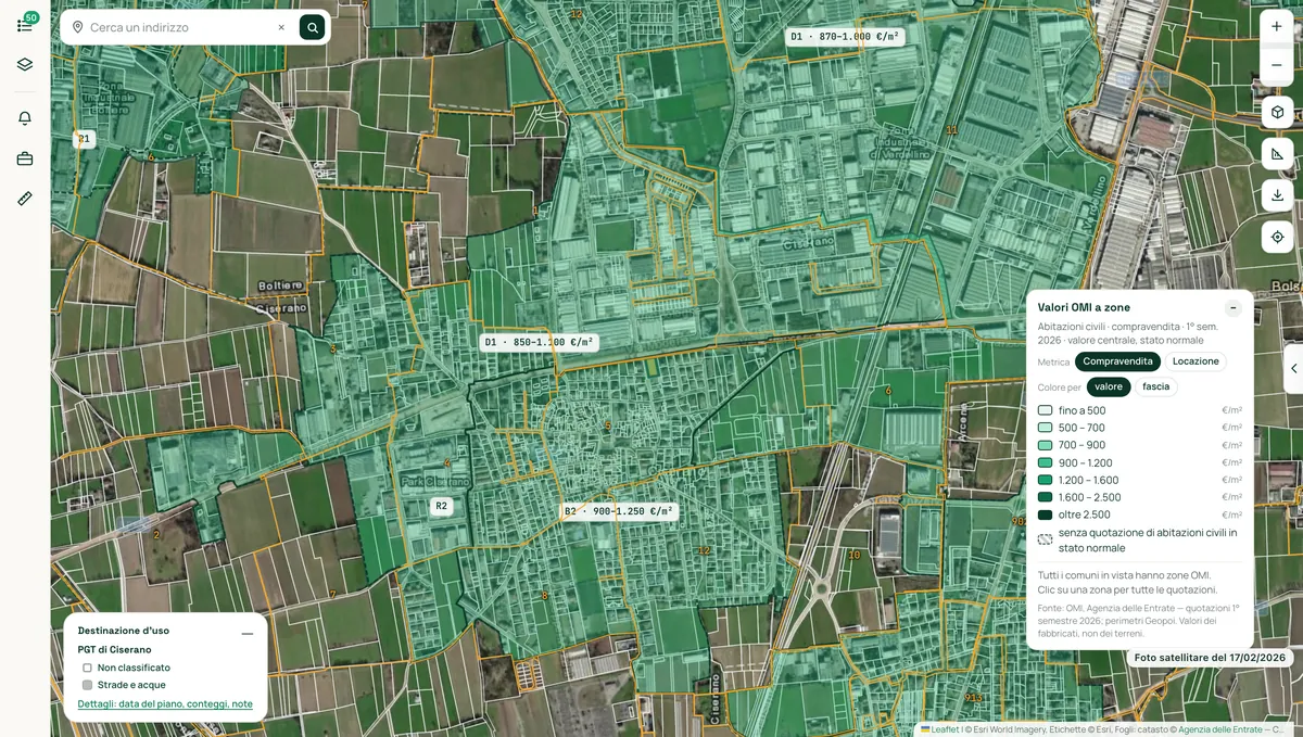 Le zone OMI di Ciserano colorate per valore al metro quadro, con la legenda