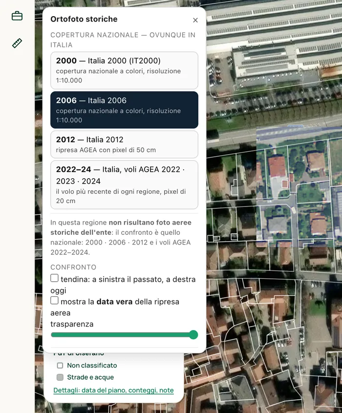 Il pannello «Ortofoto storiche» con le serie nazionali e regionali disponibili