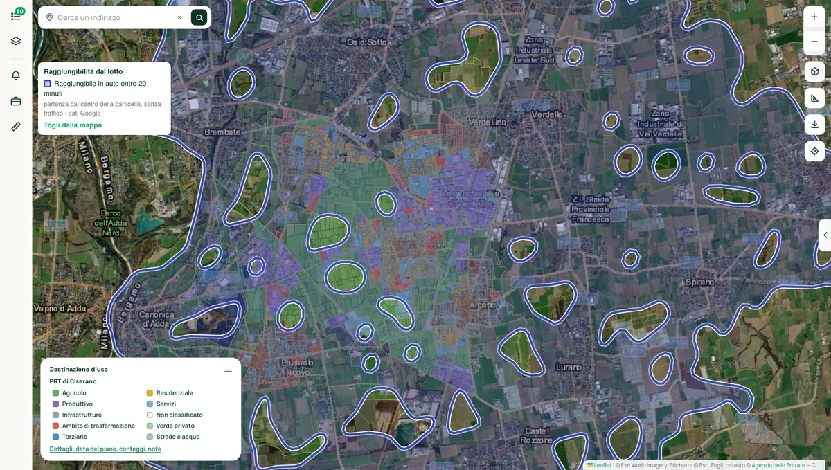 L'area raggiungibile da una particella di Ciserano disegnata sulla mappa