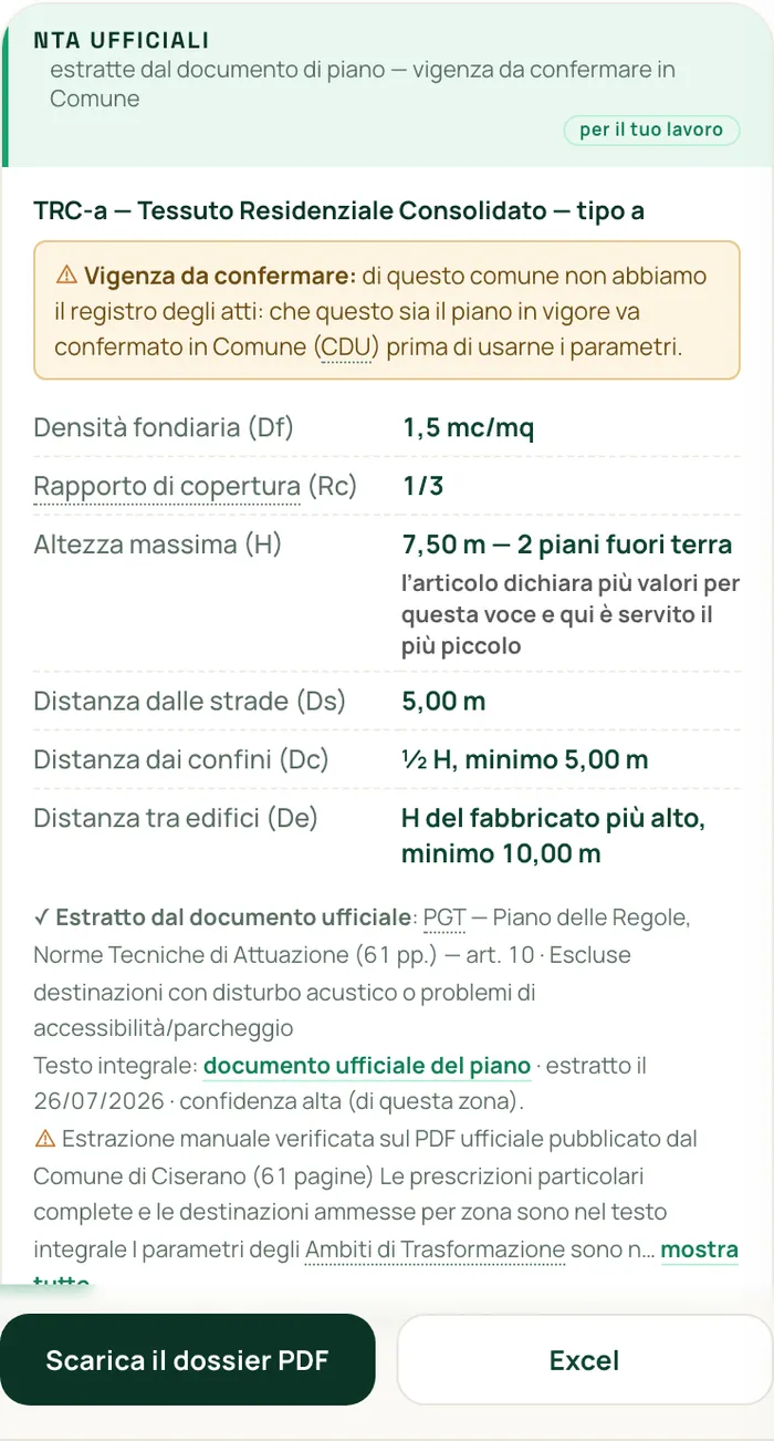 Le norme tecniche della zona Trc-a di Ciserano estratte dal documento di piano, nella scheda
