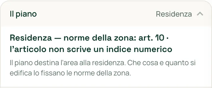 La sezione «Il piano» della scheda con la destinazione e l'articolo della zona