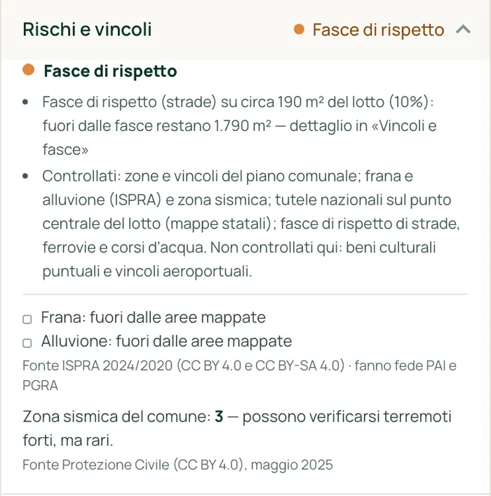 La sezione «Rischi e vincoli» con frane, alluvioni e zona sismica