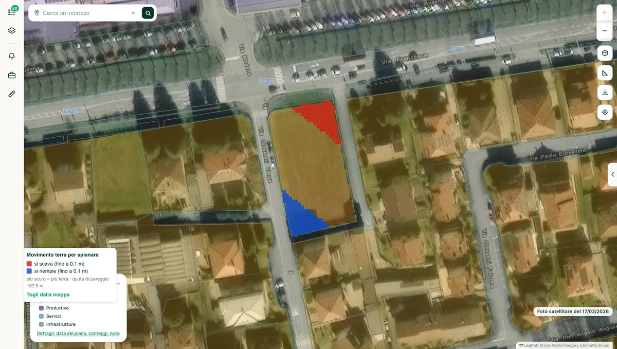 La mappa di scavo e riporto su una particella di Ciserano, con la legenda