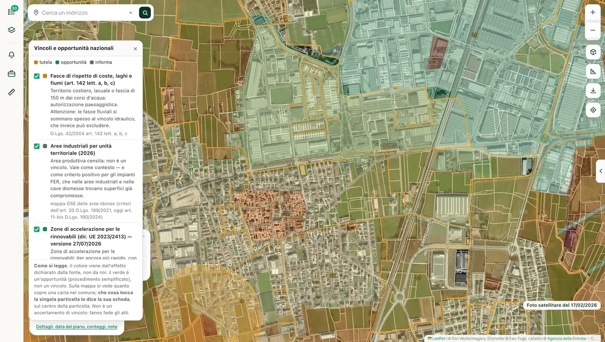 La mappa di Ciserano con le tutele di piano e i vincoli nazionali, con la loro legenda