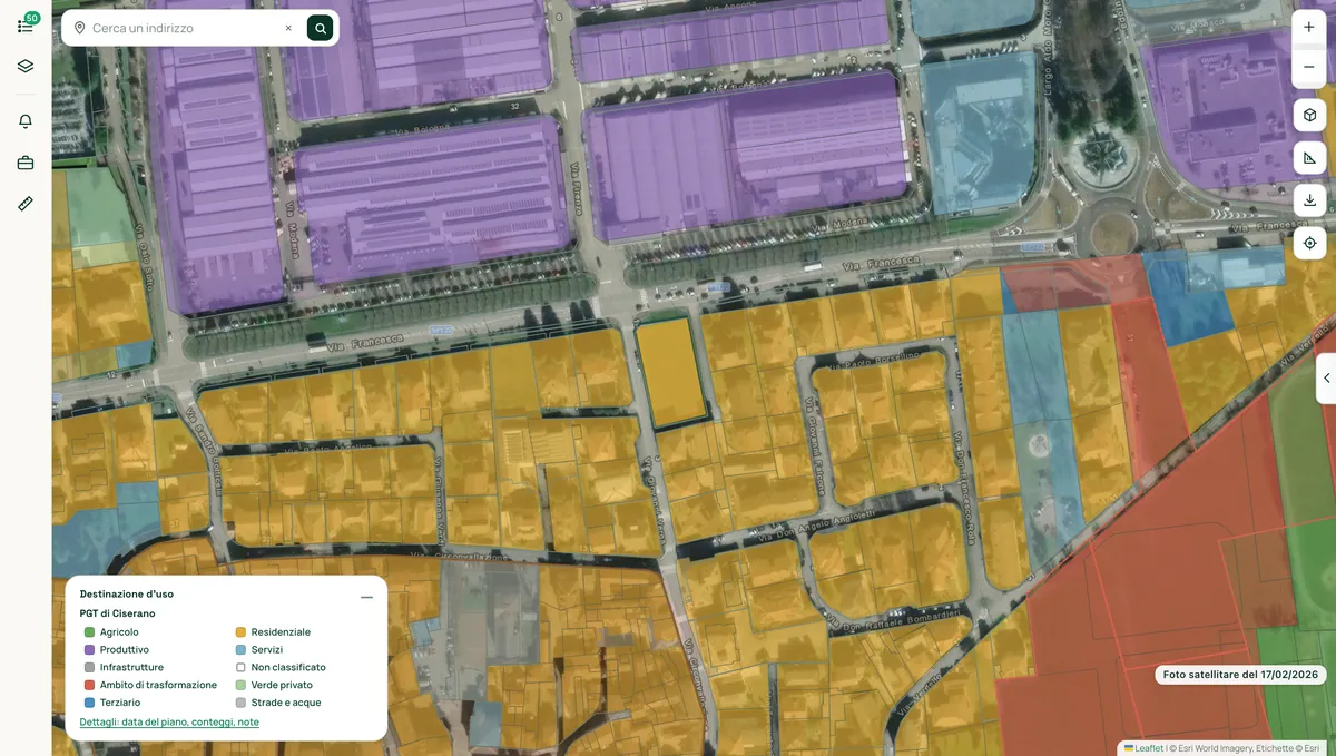 Una particella di Ciserano con il contorno disegnato sulla foto satellitare e le zone del piano a colori